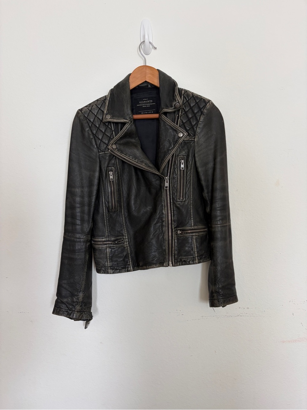 All Saints Black Quilted-Shoulder Leather Moto Jacket